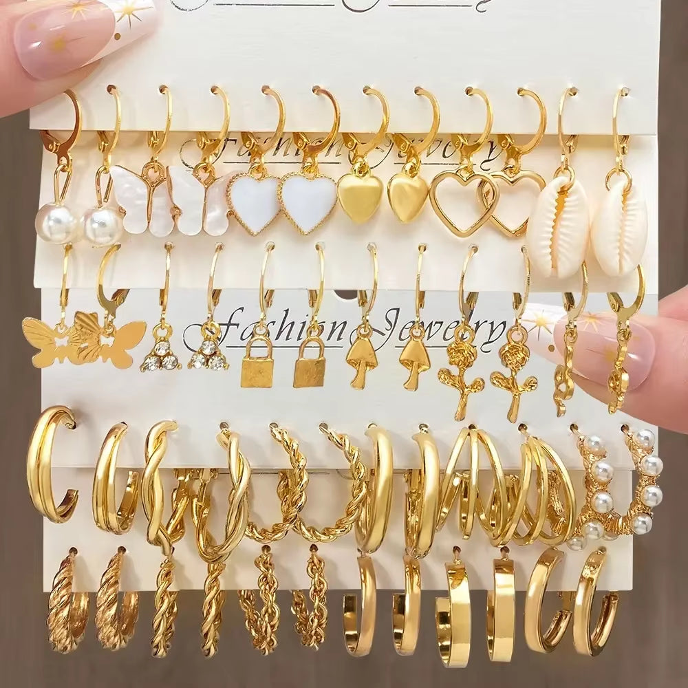 Heart Pearl Dangle Earrings Set Metal Gold Color Butterfly Locks Earrings for Women Shell Trendy Jewelry Hoop Earrings 2024