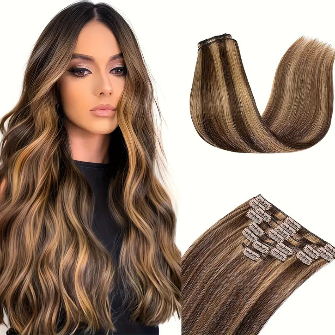 Extensiones de Clip con Mechas – Cabello Humano 100% Natural