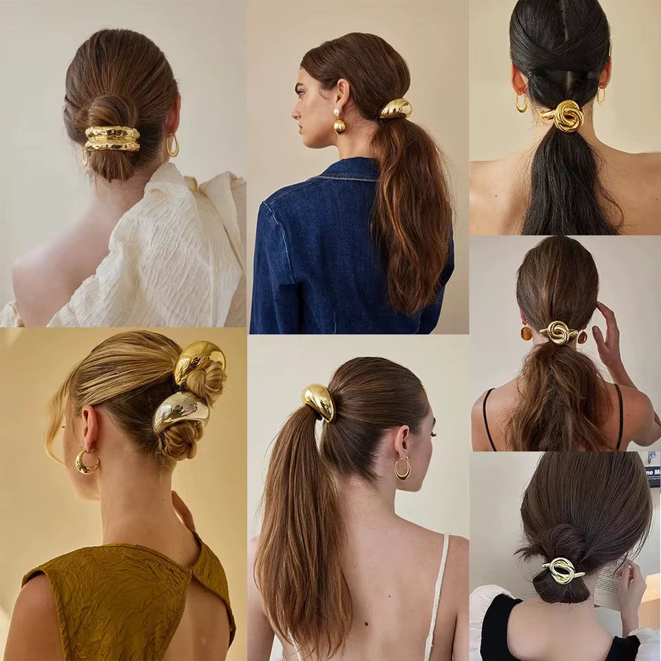 Exaggerated Irregular Scrunchies Gold Color Hair Rope Ponytail Holder Elastic Hair Bands Accessories Metal Circle Hair Ties Cuff