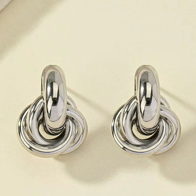 2 Pair Set Gold Silver Color Knot Hoop Earring Set for Women Shiny Plating Trendy Earring Stud Cute Daily Wear Jewelry Set