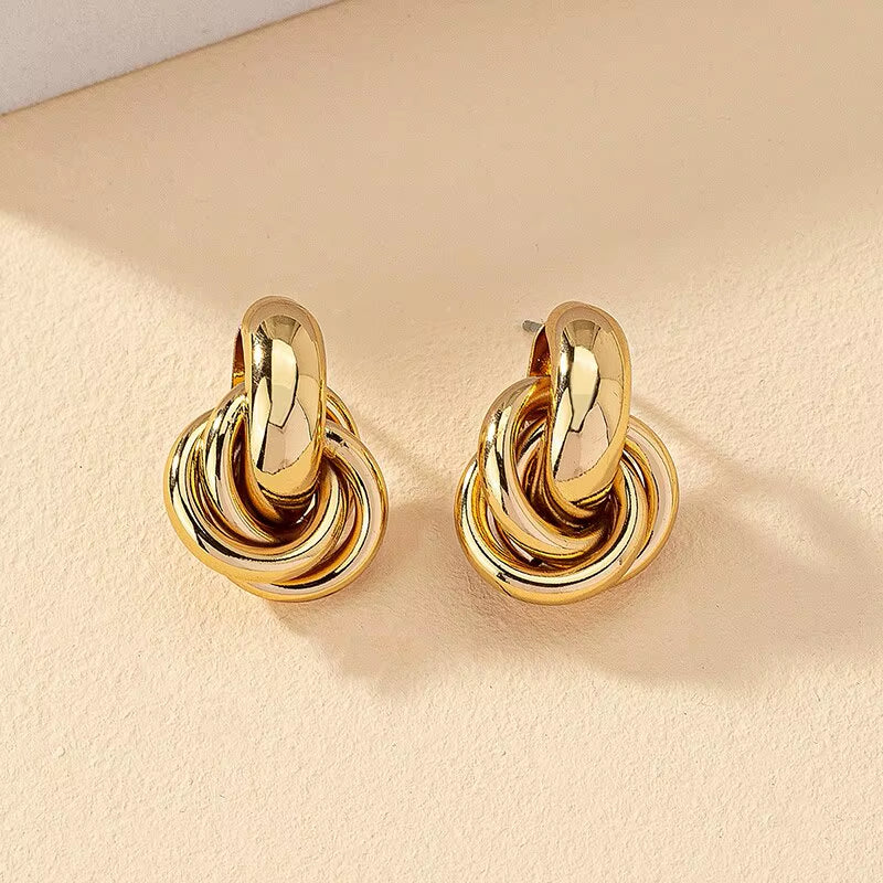 2 Pair Set Gold Silver Color Knot Hoop Earring Set for Women Shiny Plating Trendy Earring Stud Cute Daily Wear Jewelry Set