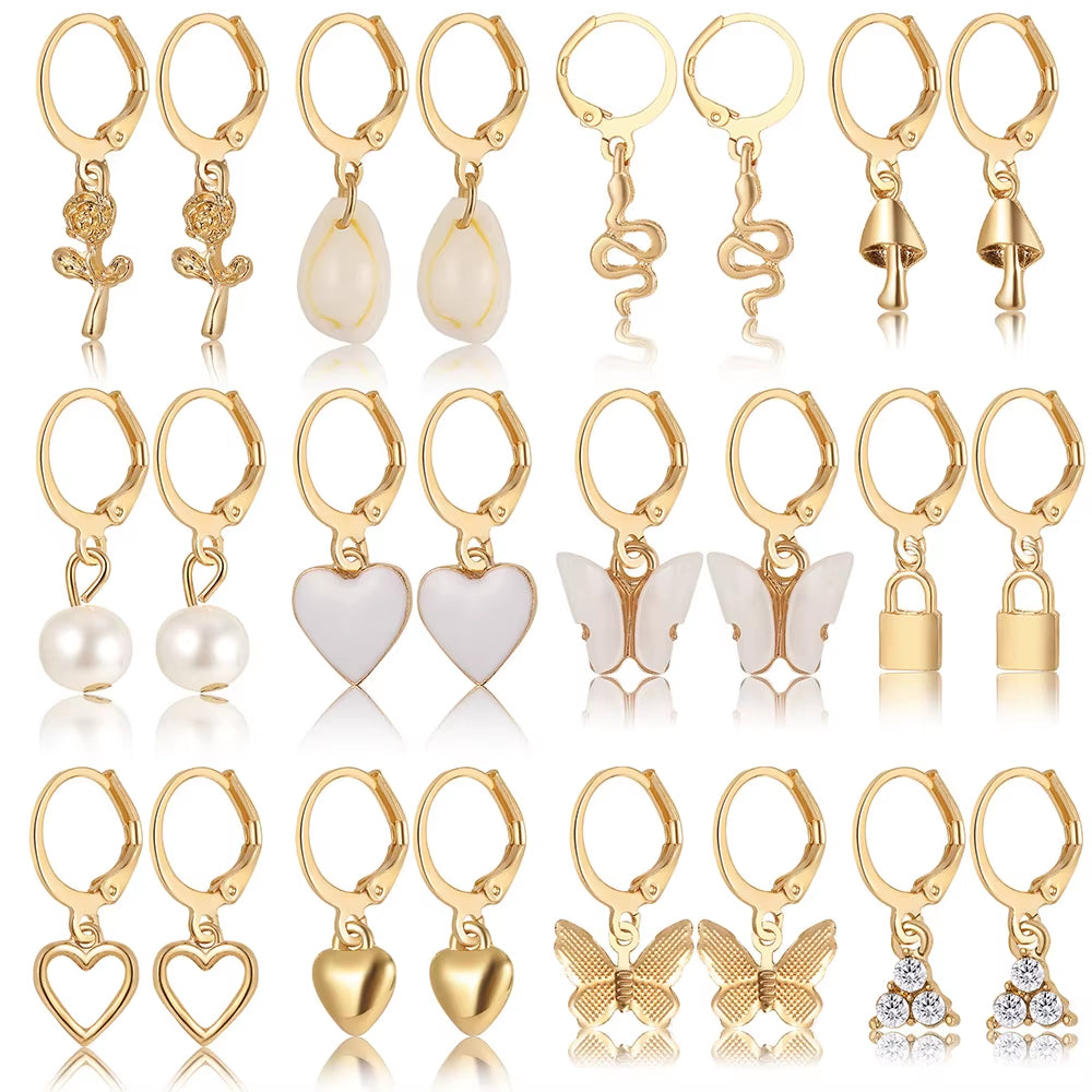 Heart Pearl Dangle Earrings Set Metal Gold Color Butterfly Locks Earrings for Women Shell Trendy Jewelry Hoop Earrings 2024