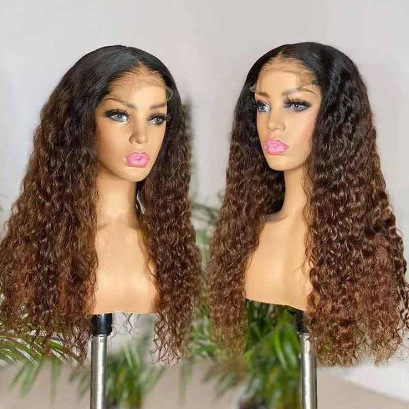 Ombre Color Curly Wig Lace Closure Wig Black with Medium Brown Human Hair Wig