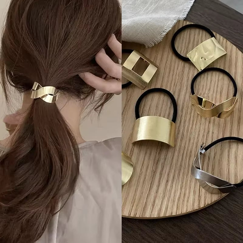 Korean Simple Metal Fashion Elastic Hair Bands Geometric Hollow Gold Headwear Hair Rope Ties Women Hair Accessories