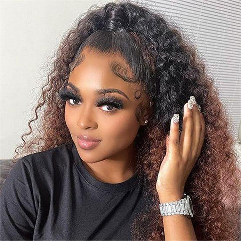 Ombre Color Curly Wig Lace Closure Wig Black with Medium Brown Human Hair Wig