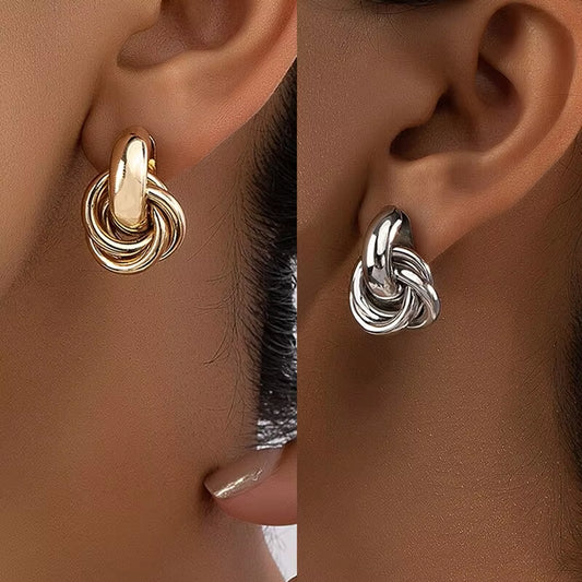 2 Pair Set Gold Silver Color Knot Hoop Earring Set for Women Shiny Plating Trendy Earring Stud Cute Daily Wear Jewelry Set