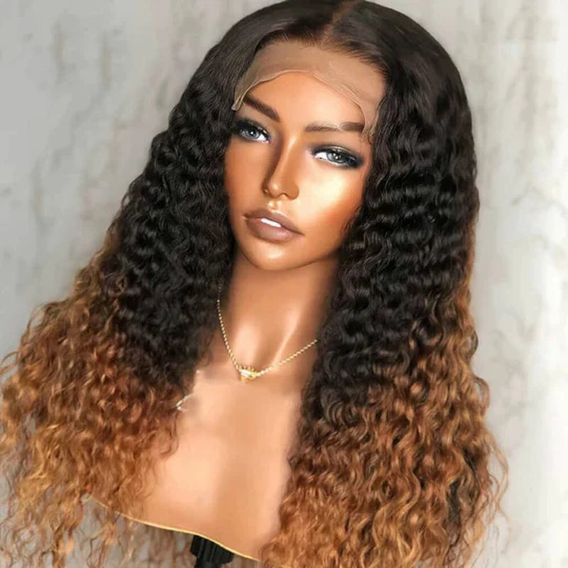 Ombre Color Curly Wig Lace Closure Wig Black with Medium Brown Human Hair Wig