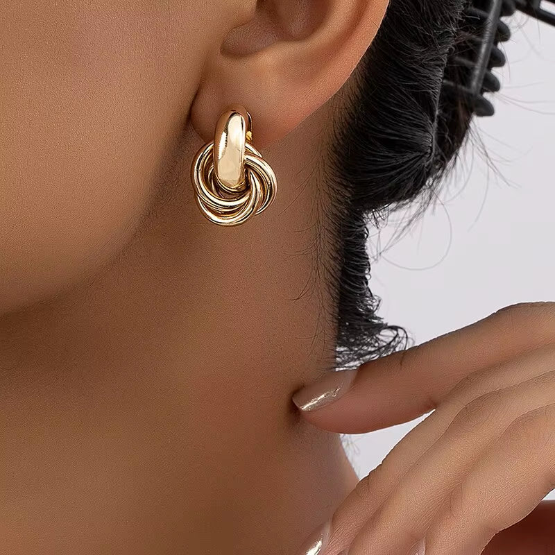 2 Pair Set Gold Silver Color Knot Hoop Earring Set for Women Shiny Plating Trendy Earring Stud Cute Daily Wear Jewelry Set