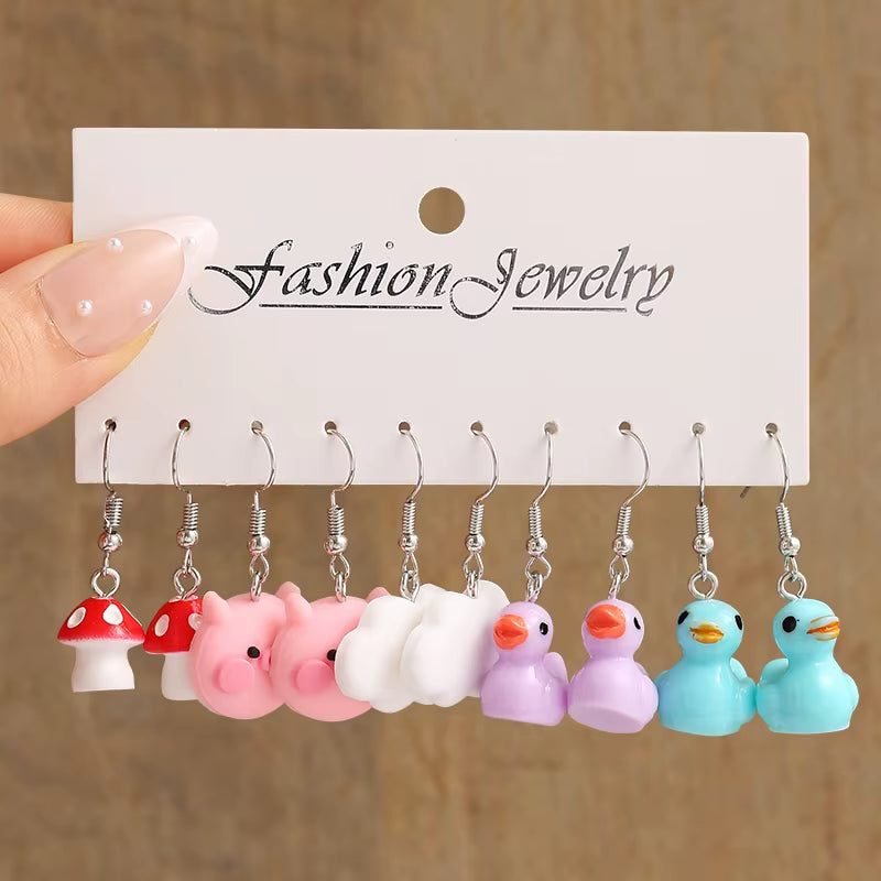 Cute Cartoon Earrings Set Purple Butterfly Dangle Earring for Women Girls Mushroom Flower Earring Set Trendy Jewelry New