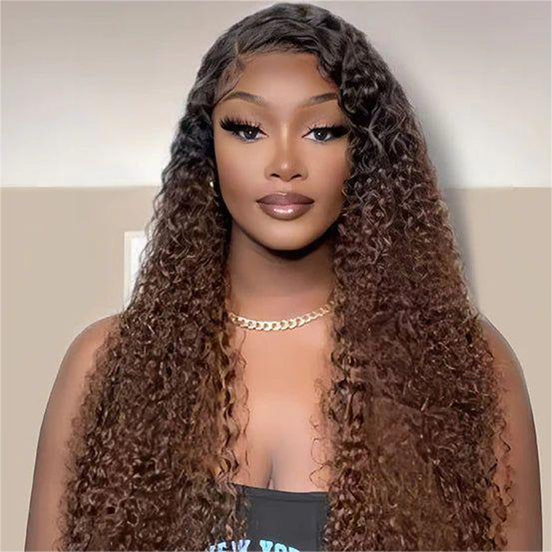 Ombre Color Curly Wig Lace Closure Wig Black with Medium Brown Human Hair Wig