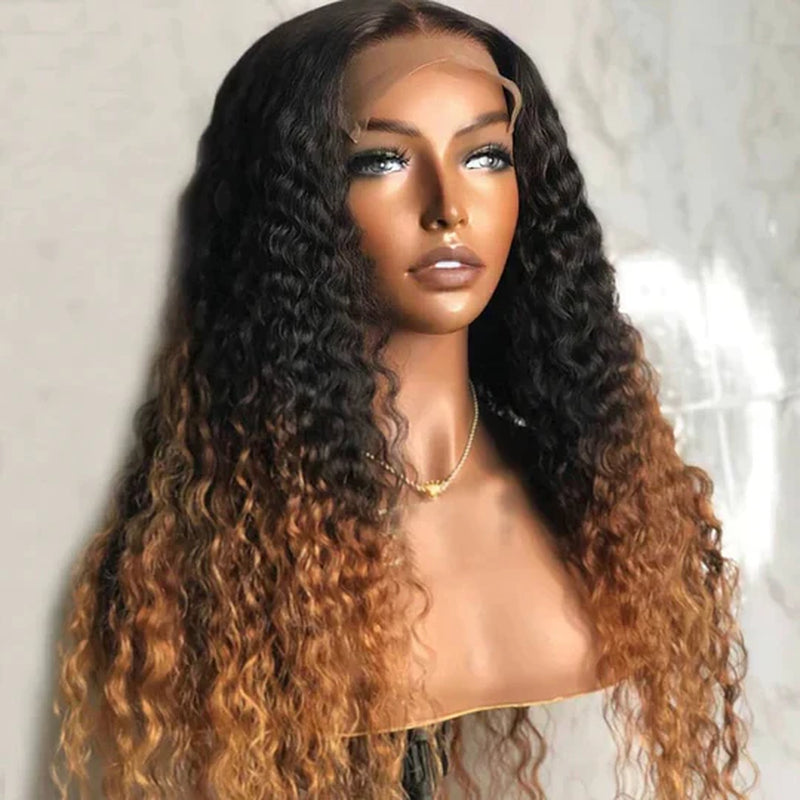 Ombre Color Curly Wig Lace Closure Wig Black with Medium Brown Human Hair Wig