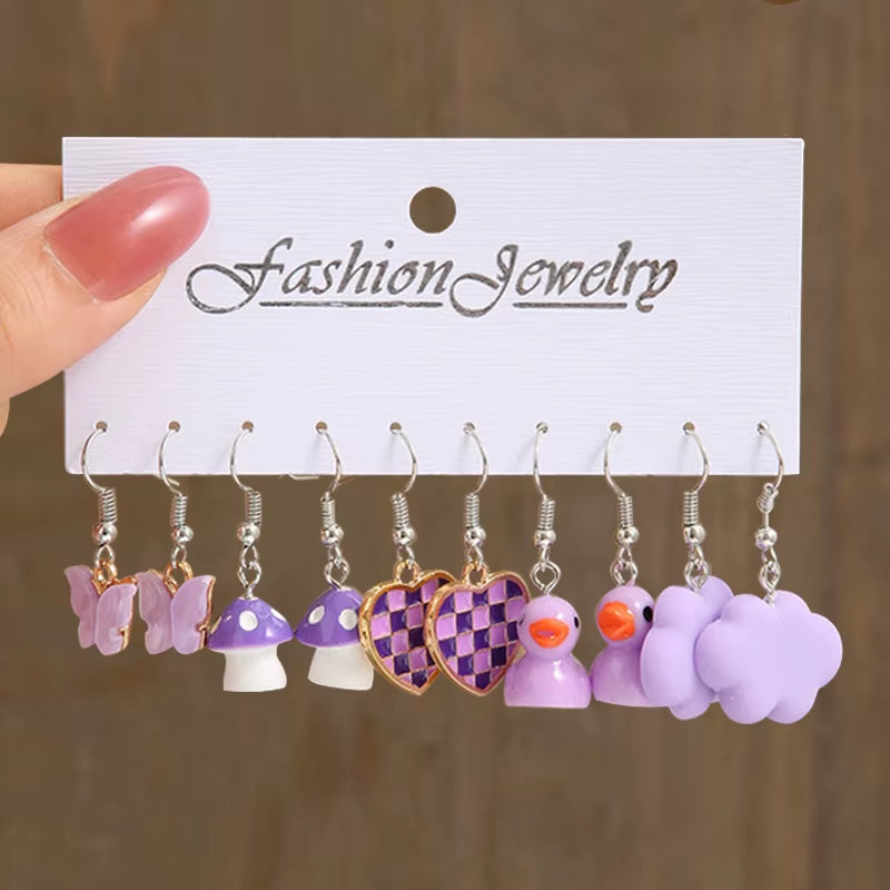 Cute Cartoon Earrings Set Purple Butterfly Dangle Earring for Women Girls Mushroom Flower Earring Set Trendy Jewelry New