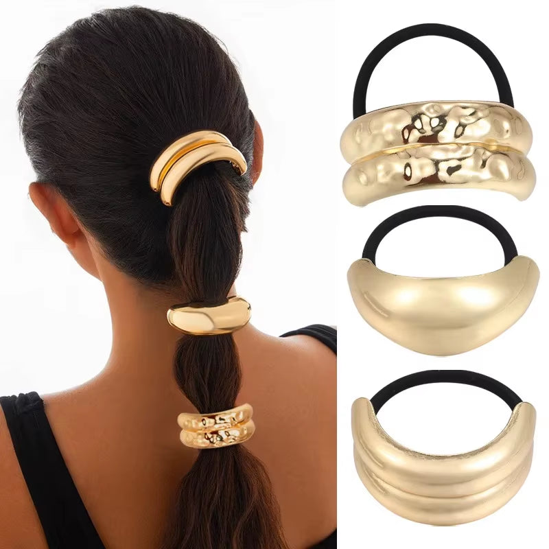 Exaggerated Irregular Scrunchies Gold Color Hair Rope Ponytail Holder Elastic Hair Bands Accessories Metal Circle Hair Ties Cuff