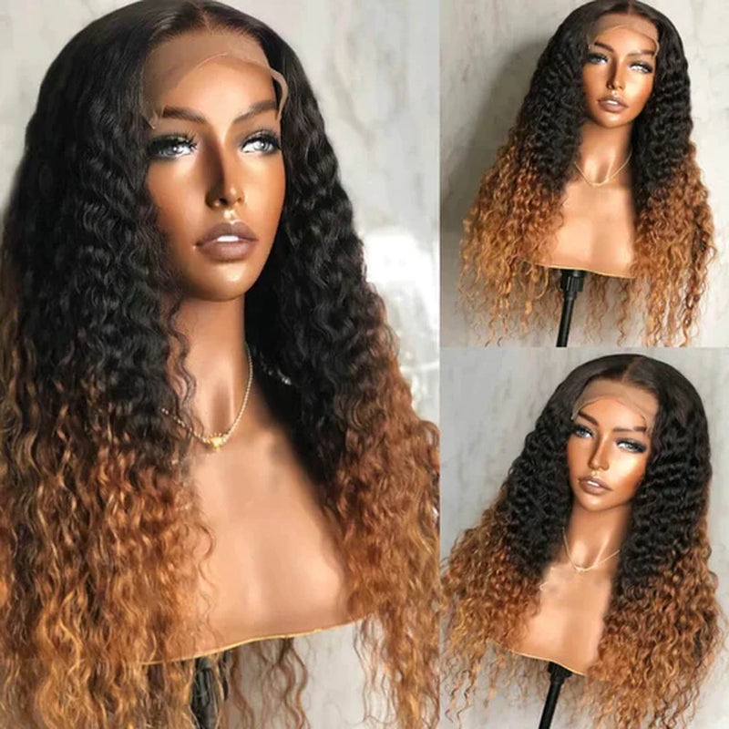 Ombre Color Curly Wig Lace Closure Wig Black with Medium Brown Human Hair Wig