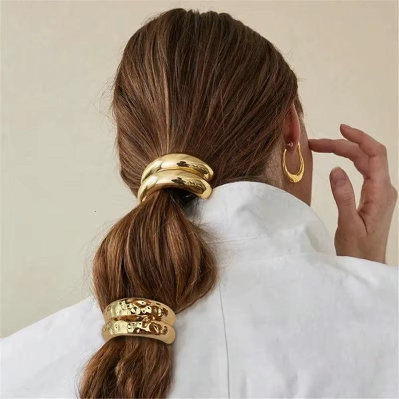 Exaggerated Irregular Scrunchies Gold Color Hair Rope Ponytail Holder Elastic Hair Bands Accessories Metal Circle Hair Ties Cuff